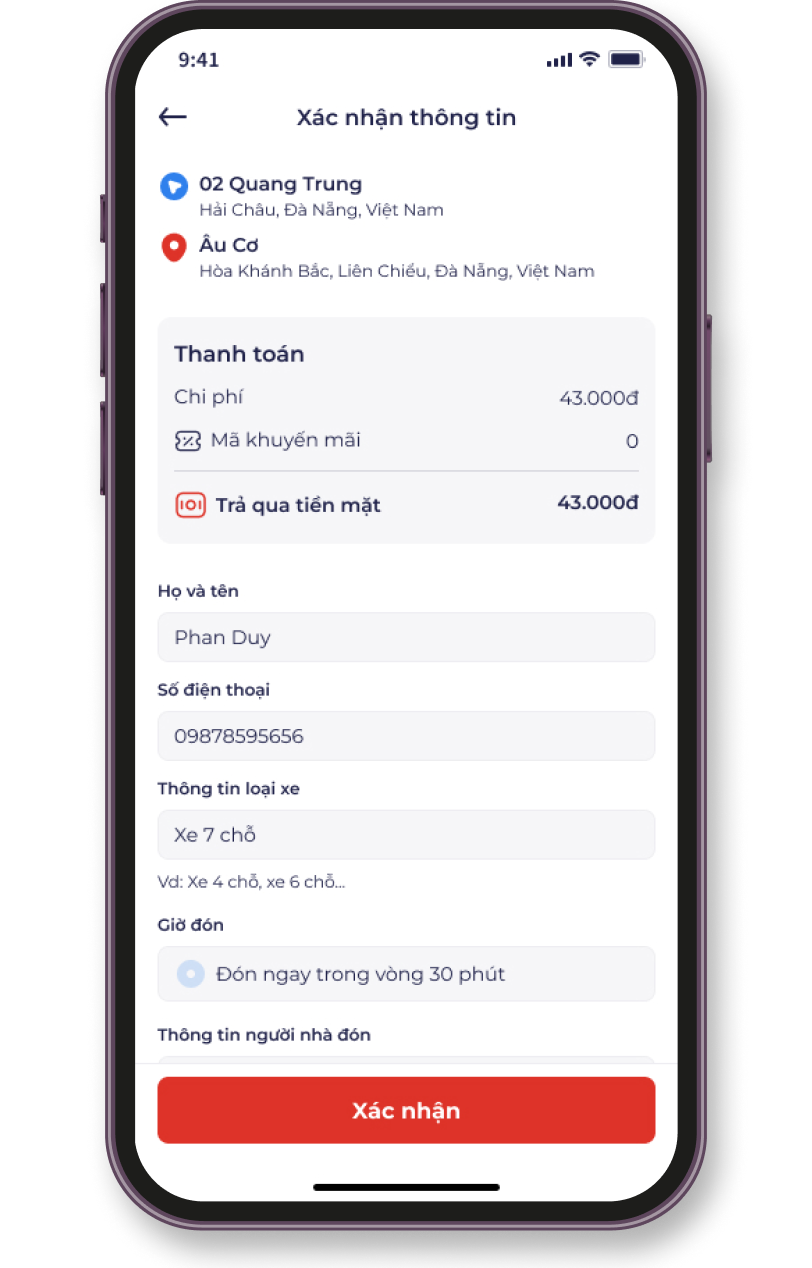 VietCar kiểm tra giá cước và xác nhận
